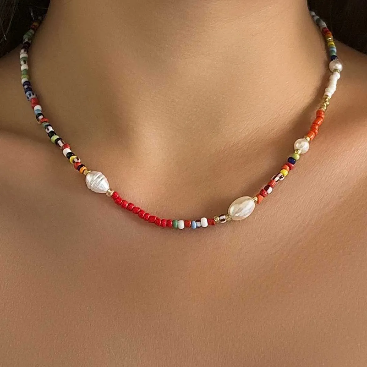 Colliers pendentifs nouvelle mode coréenne colorée mignonne perles de rocaille chaîne collier ras du cou pour femmes perles simulées baroques_voghion.com