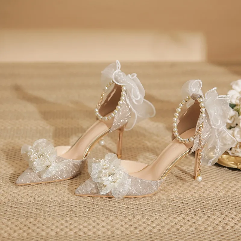 De nieuwe stijl schittert De Pearl Chain Crystal Shoe Grote maat Feeg Hoge hakken_voghion.com