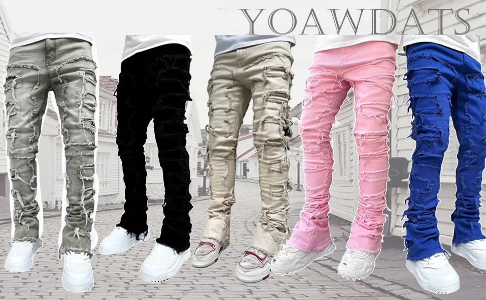 Black Stacked Jeans With Rips, Patches, Distressed Jeans, Streetwear, Men's Pants, Casual Slim Fit_mkmklike.com