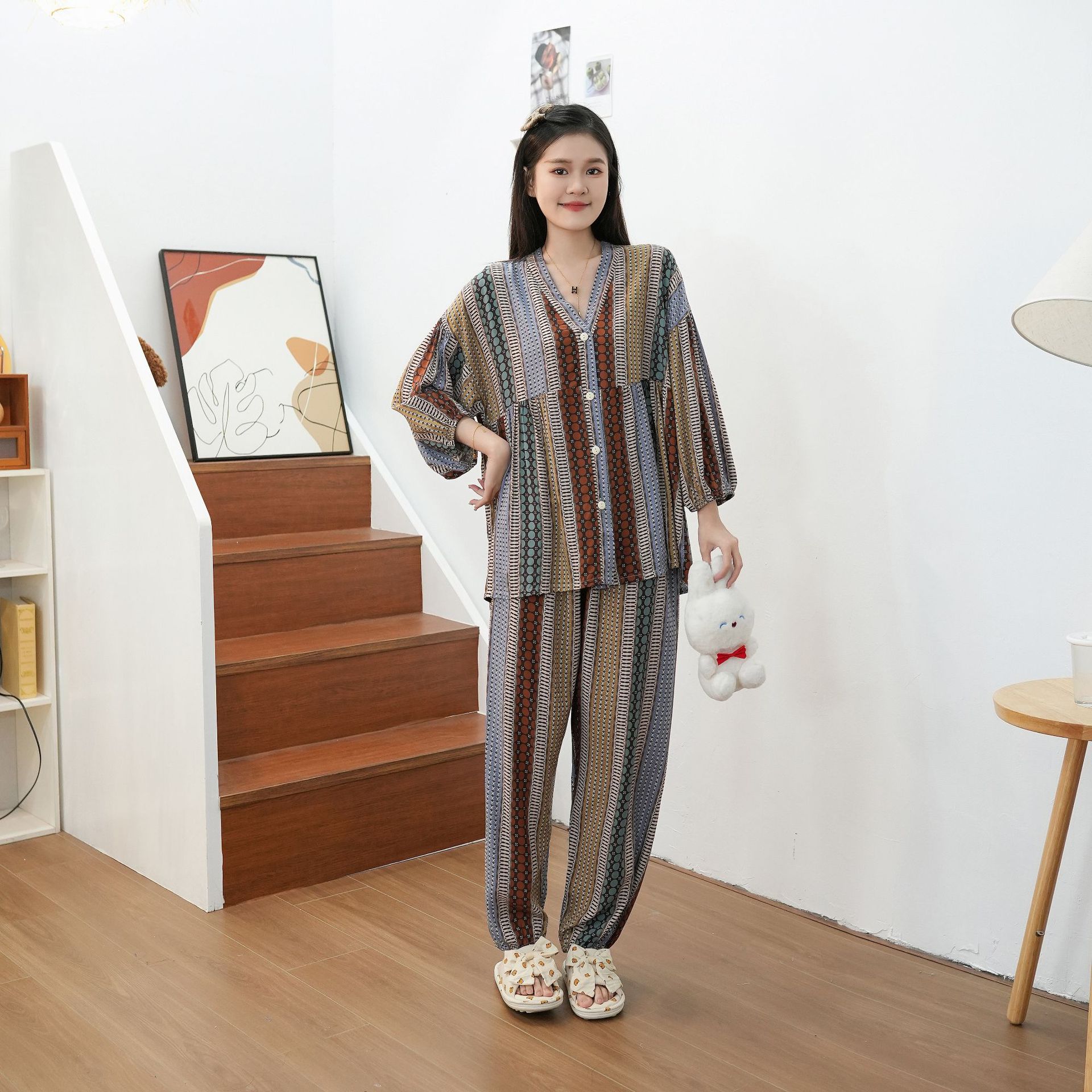 Pigiami da donna Pigiama in cotone e seta con sette polsini, pantaloni a campana per la casa di grandi dimensioni_voghion.com