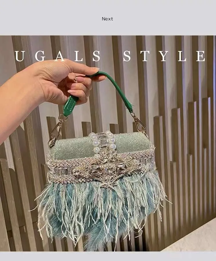 Borsa da sera da donna in pelo di struzzo, borsa a tracolla con pochette in cristallo Rhie Dia, borsa da festa per matrimonio_voghion.com