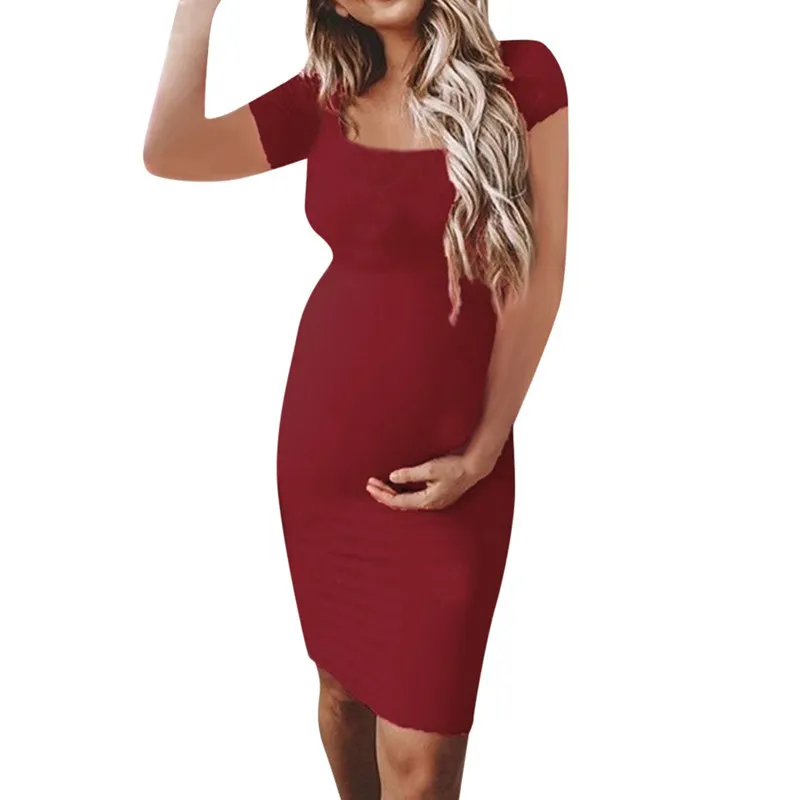 bunvel Sommer Bodycon Gravide Kvinner Sommerkjoler Ensfargede Mammaklær Kortermede Graviditetskjoler Premama Wear_voghion.com