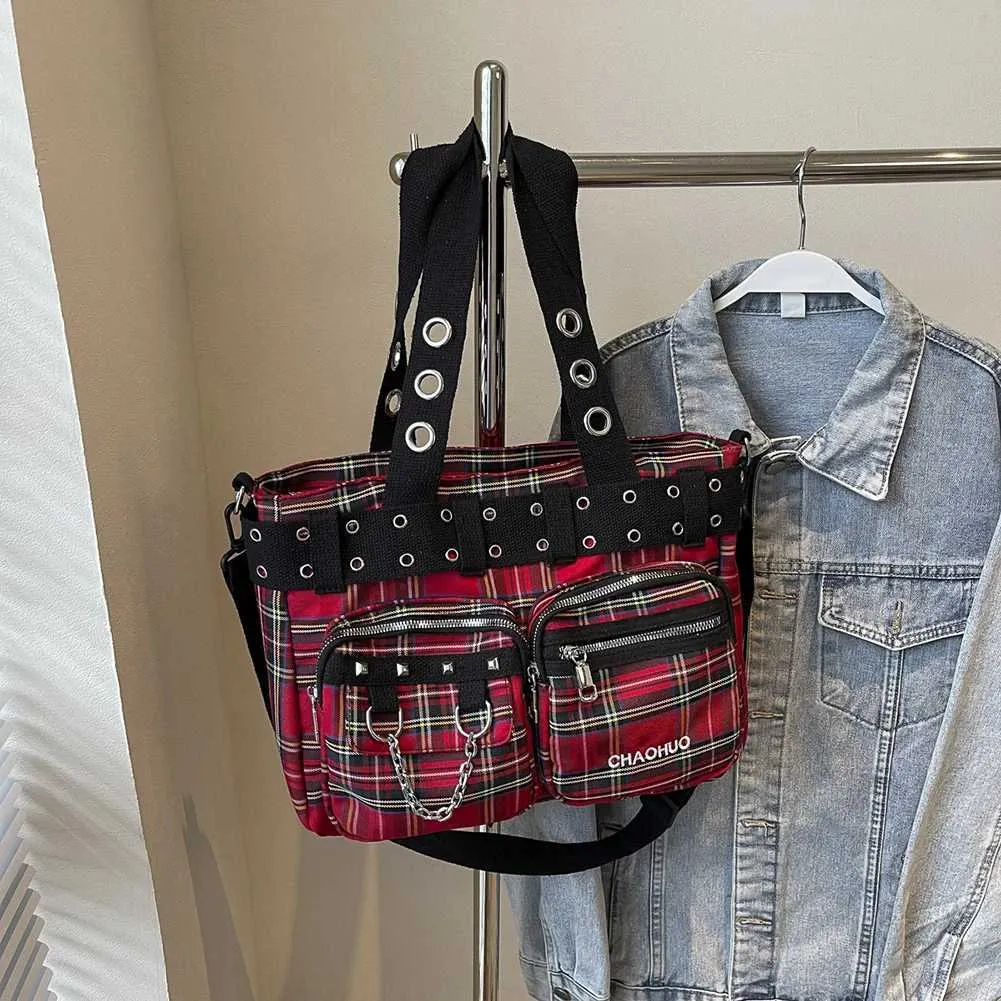 Designer Plaid Handbag Women Punk Shoulder Crossbody Bag Fashion Satchel Purse Queen Red Y2K Street for Travel Shopping_voghion.com