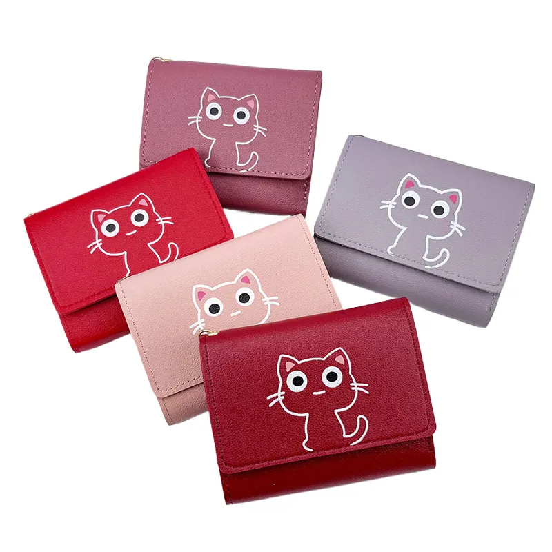 Damen süße Katze kurze Brieftasche Leder kleine Geldbörse Multi-Kartenhalter Geldbeutel_voghion.com
