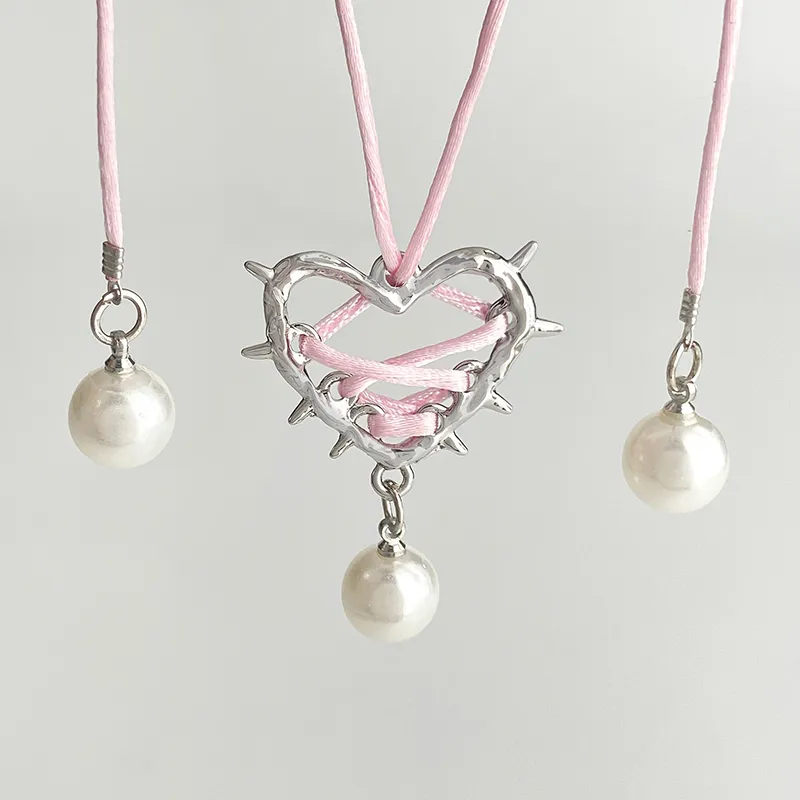 Hart hanger ketting met parel en lint voor dames vintage_voghion.com