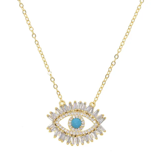 Trendy Gold Plated Turkish Necklace Lucky Girl Gift Baguette Cubic Zirconia Turquoise Geomstone Top Quality Evil Eye_voghion.com