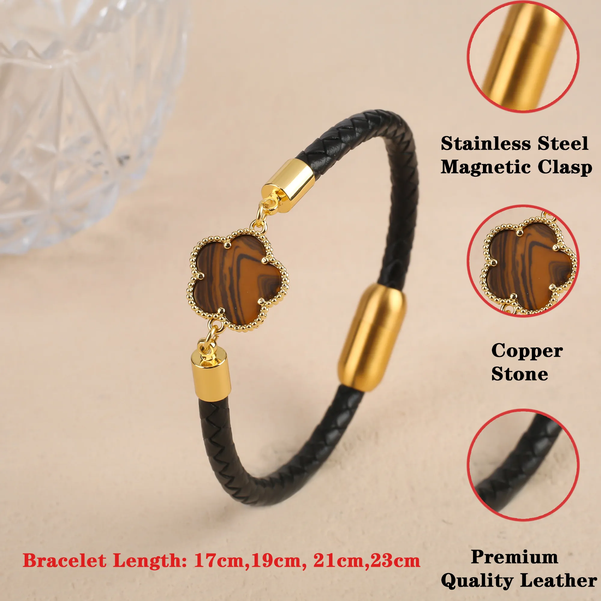 Clover Charm Leather Bracelet For Men And Women Simple Style_voghion.com