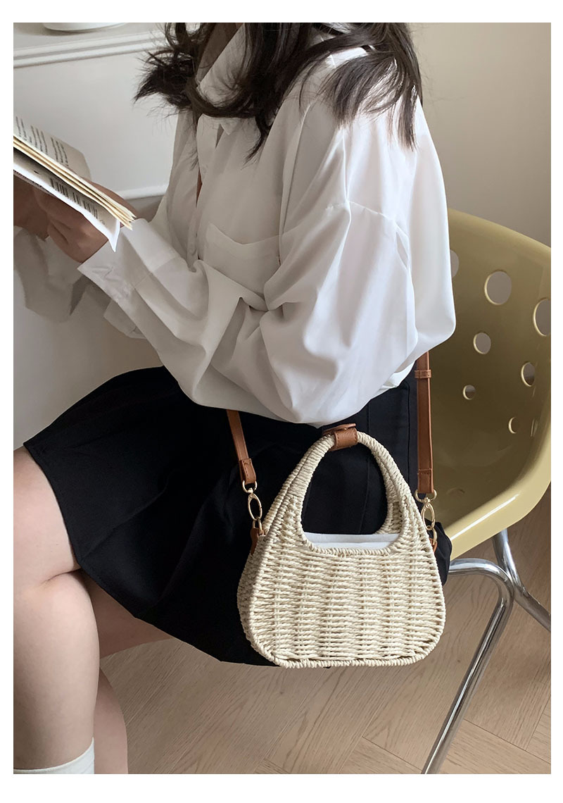Einteilige Umhängetasche aus Stroh, vielseitige handgehaltene Strohtasche, gewebte Tasche, Urlaubs-Strandtasche, koreanische Rattantasche_voghion.com