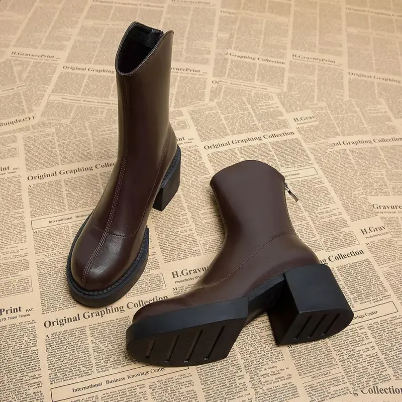 High ankle work very high heels brown short and chubby platform womens waterproof boots black Pu 240911_voghion.com
