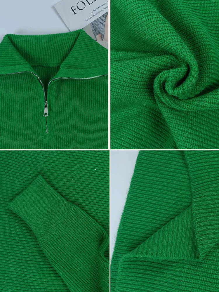 Damen Reißverschluss Stehkragen Modischer einfarbiger lockerer Pullover Damen lässig gestrickt Langarmpullover Winter_voghion.com