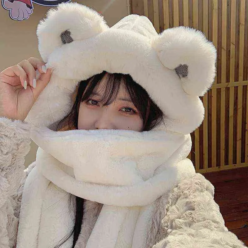 Hats Sets Scarves Winter Fur Cap Snow Hat Christmas Gift Cute Girl Versatile Scarf Integrated Warm Gloves Bib Three_voghion.com