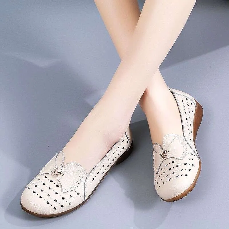 Spring and summer new leather small white women flat fashion all casual hollow soft sole large size women's shoes 456_voghion.com