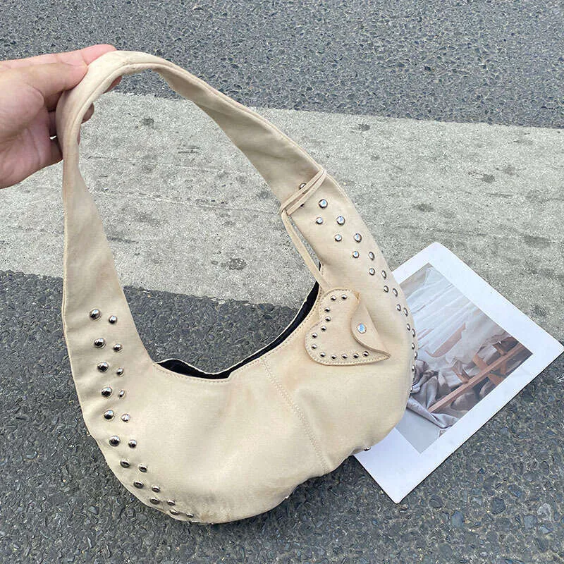 Geantă de umăr decorativă Retro Nit nouă, geantă europeană și americană pentru motocicletă, geantă de mână din piele Nubuck Armpit pentru femei_voghion.com