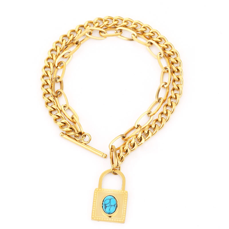 Gute, nuovo design alla moda, collana con lucchetto turchese blu, bracciale in acciaio al titanio, set di quattro gioielli resistenti alla luce_voghion.com