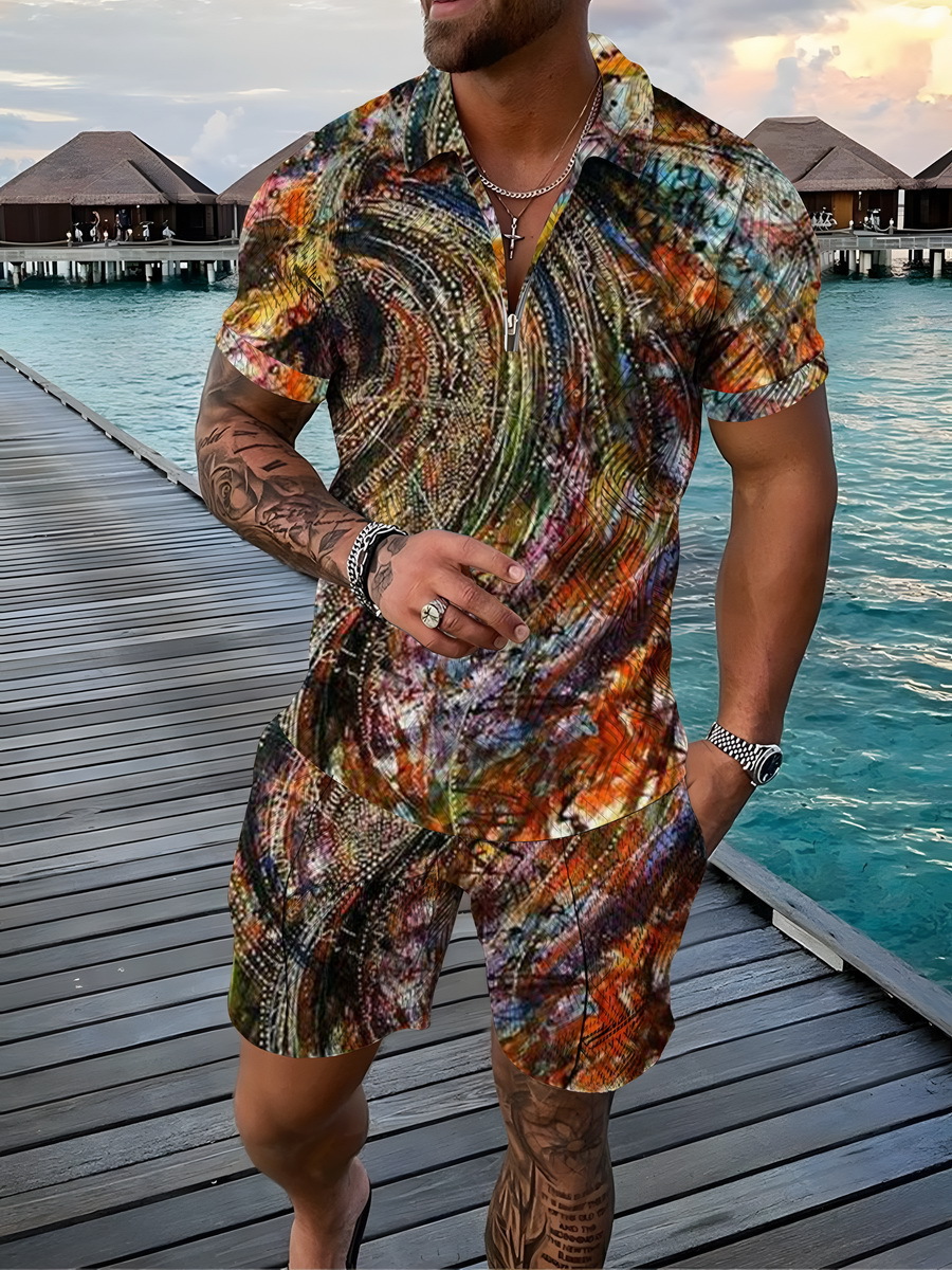 Men's 2pcs, Red Dots Pattern, Trendy Comfy Zip Polo And Plain Drawstring Waistband Shorts Set_voghion.com