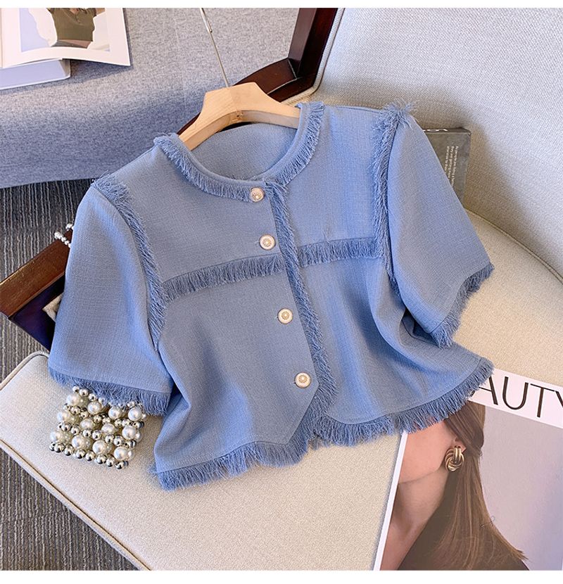 women's clothing summer new small tassel jacket fat mm fashion casual pants two-piece suit female_voghion.com