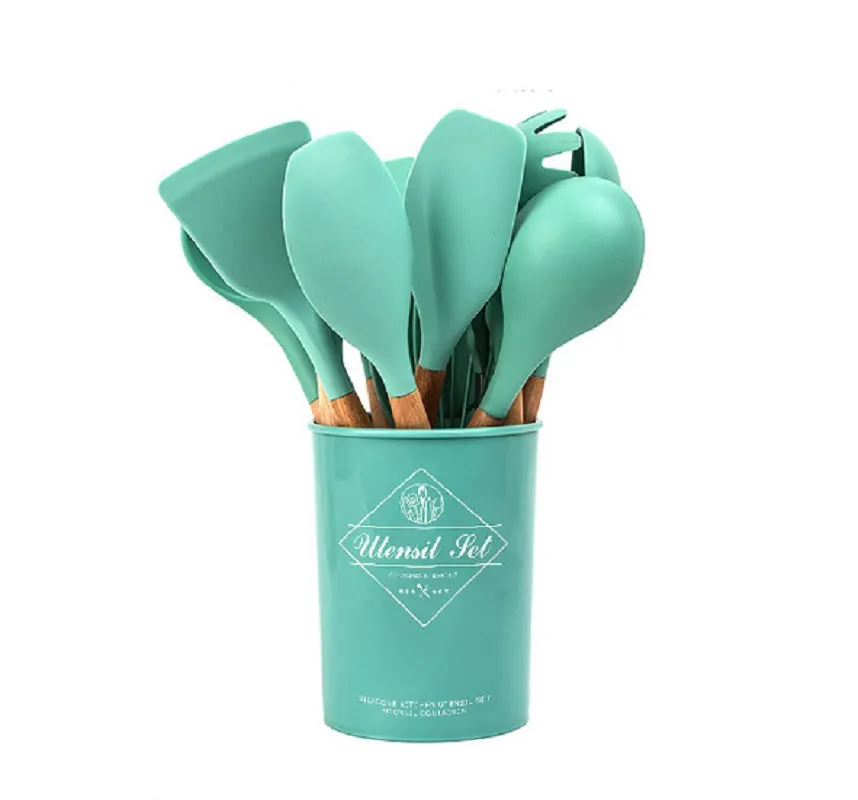 Set d'ustensiles de cuisine en silicone avec manches en bois_voghion.com