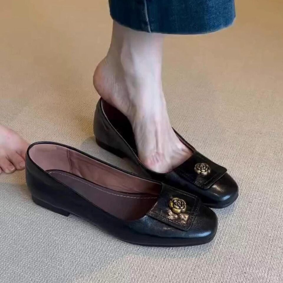 2025 New French Camellia Simple One Step Mary Jane For Women's Shallow Mouth Flat Single Shoes