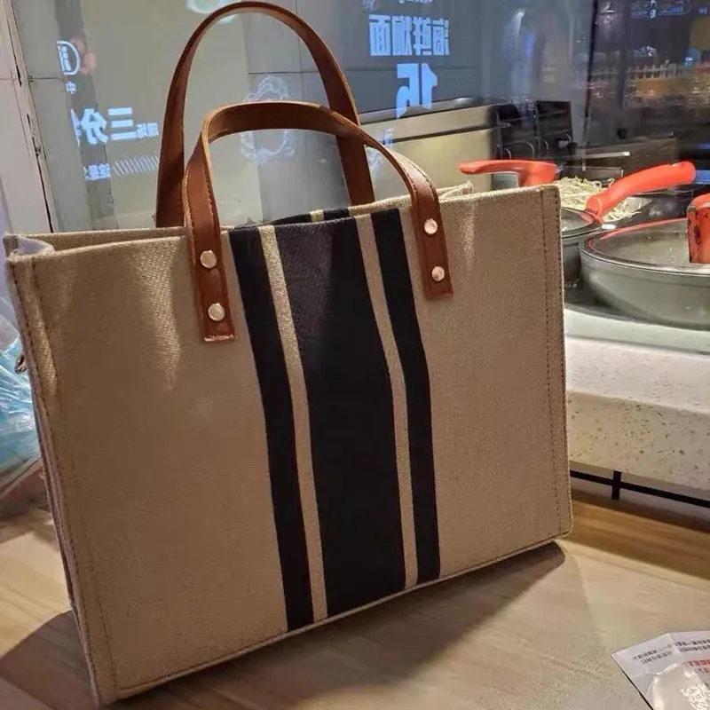 Borsa a mano da donna, semplice, alla moda, di grande capacità, vintage, a righe, portatile, stile coreano._voghion.com