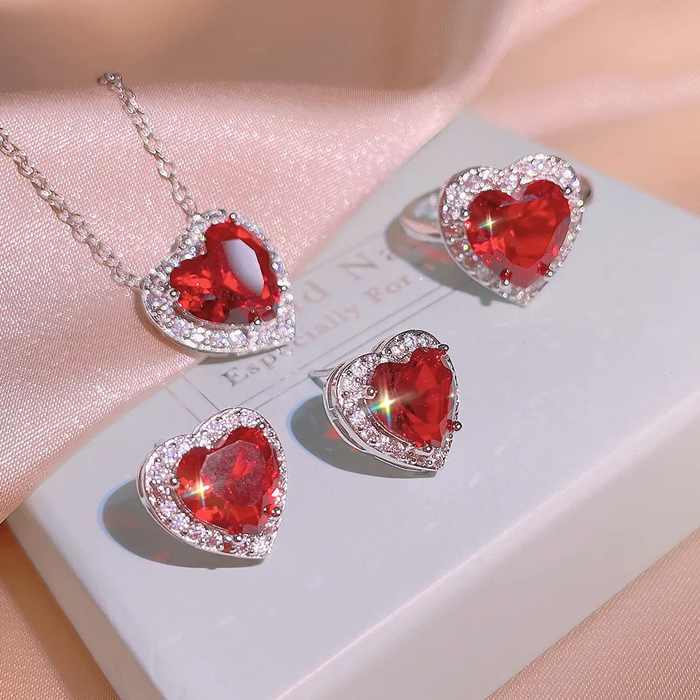 Set di gioielli con anelli, orecchini e collane di design con cuore di melograno naturale per donne, Giappone e Corea, fatti a mano, in cristallo rosso_voghion.com