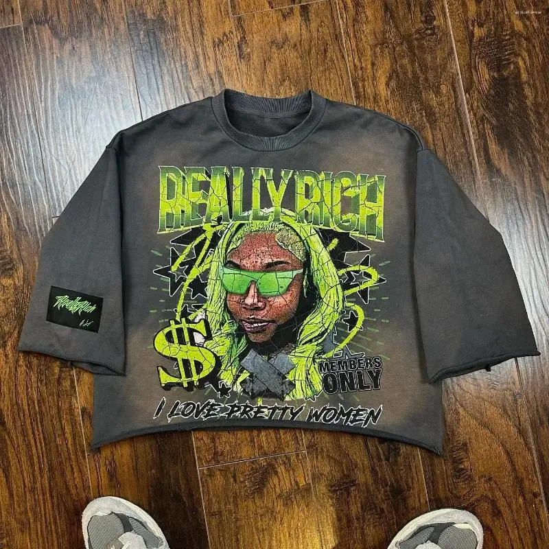 T-shirt da uomo streetwear con maniche a sette quarti, da uomo e da donna, con stampa grafica dei cartoni animati, corte, oversize, stile Harajuku_voghion.com