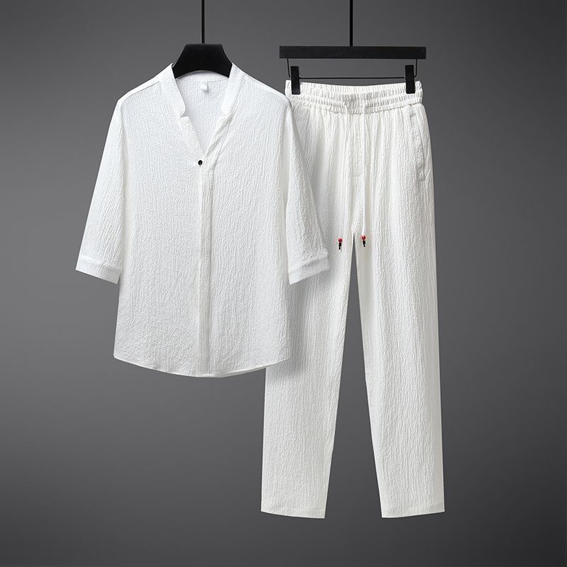 Vêtements pour hommes pour hommes en été, vêtements pour hommes Hanfu en soie glacée, un ensemble de vêtements pour hommes de style élégant, manches courtes en coton et lin