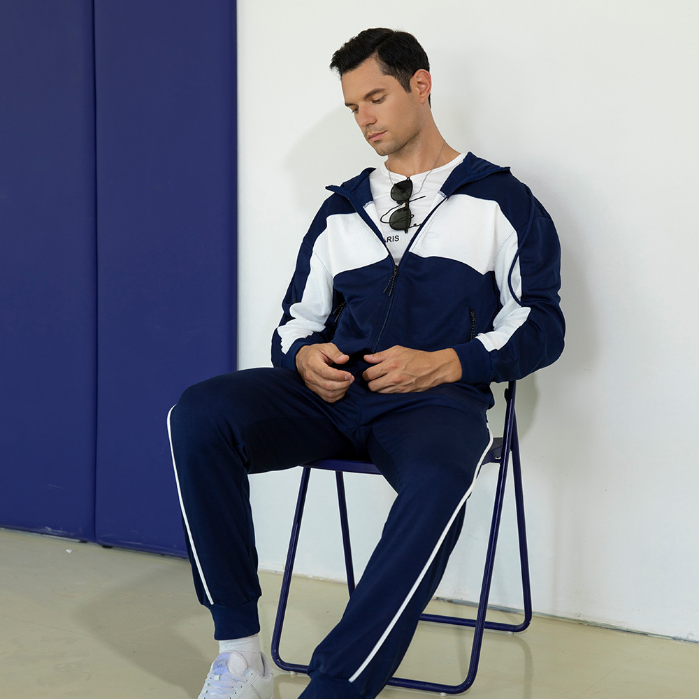 Lässiges zweiteiliges Set für Herren mit Farbkontrast, Strickjacke und Kapuze, Trainingsanzug in Übergröße_voghion.com