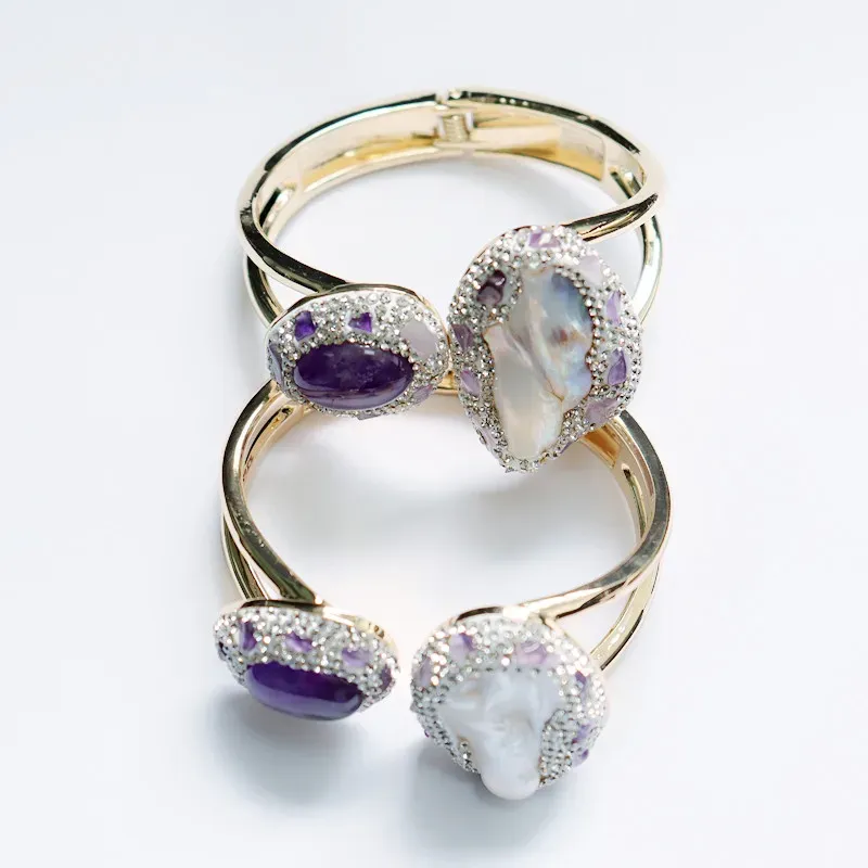 Natural Baroque Pearl Bracelet for Women Raw Stone Amethyst Set with Czech Diamonds Jewelry_voghion.com