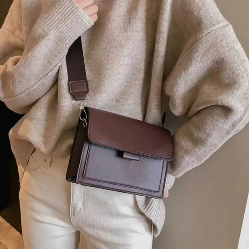Ladies Messenger Solid Color 2023 New Trendy Wide Shoulder Strap Small Square Bag Retro Casual Simple Crossbody Ba241018_voghion.com