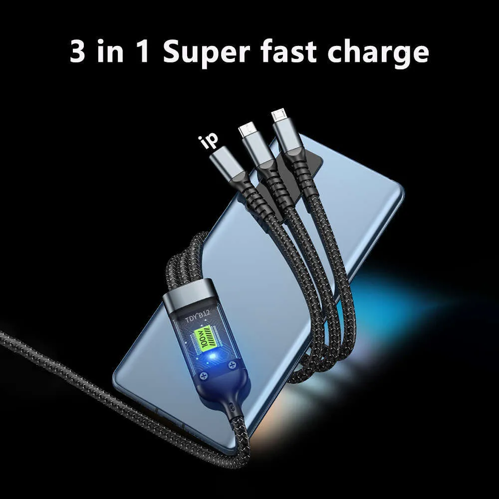 100W Cyber Edition Transparent Window Night Light LED Braided One Tow Three Data Cable Type-C Cell Phone Fast Charging_voghion.com