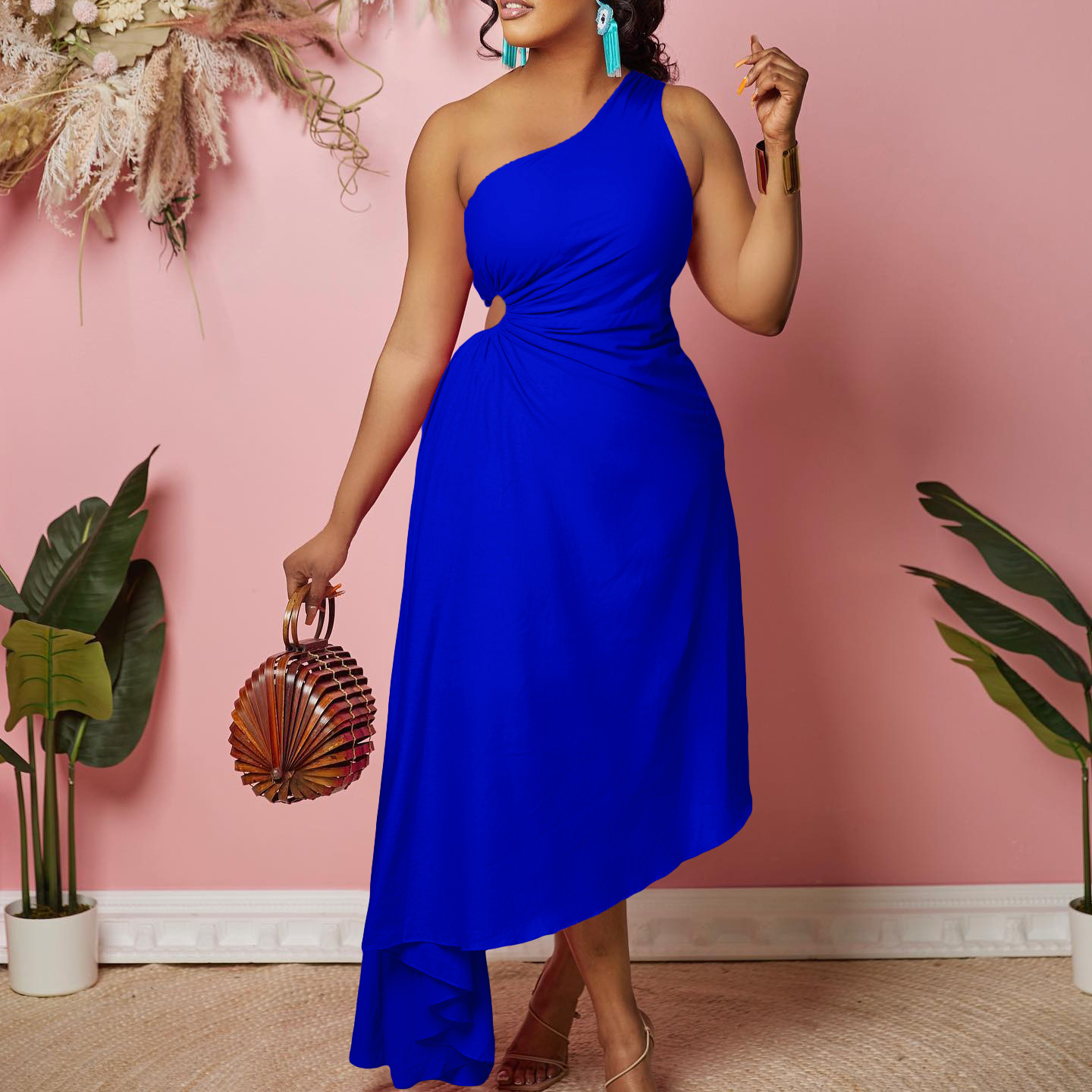 Women's Clothing new one shoulder hollow solid color irregular large size dress_mkmklike.com