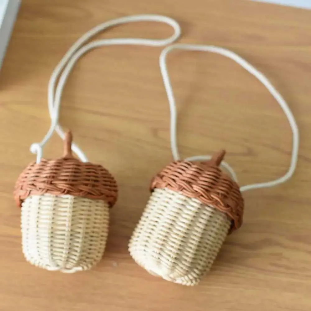 Acorn Shape Storage Basket Handwoven Round Rattan Bucket Trcal Beach Style Woven Shoulder Bag Photo PropsC241106_voghion.com