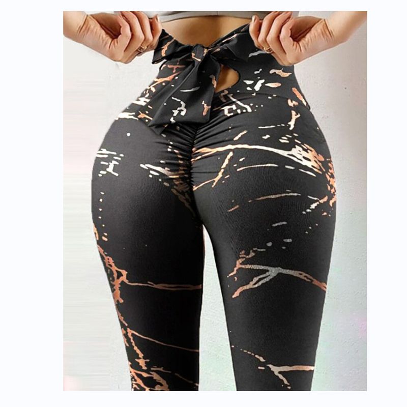 Damen Frühling/Sommer Mehrfarbig bedruckte Hip Lift Falten Slim Fit Yogahose mit hoher Taille und elastischer Schleife_voghion.com