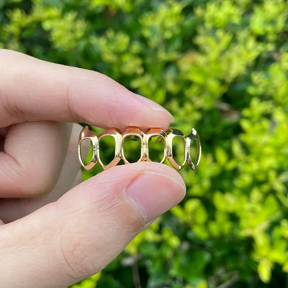 RACHELZ Fashion 6/6 Denti completamente cavi 14K placcati oro Dentiere Decor Bretelle Zanne Griglie dentali per uomo Donna Gioielli_voghion.com