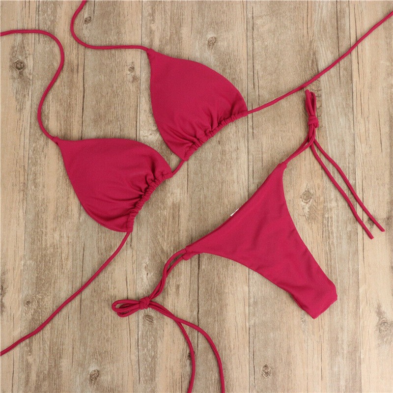 Women's Clothing Halter Neck Solid Color Three Point Bikini Sexy Swimsuit Split Straps Adjustable Multi Color Swimsuit