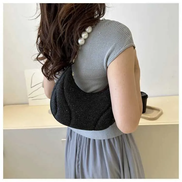Sac à bandoulière simple en cuir PU pour femme avec chaîne en perles pailletées de couleur unie Ba241214_voghion.com