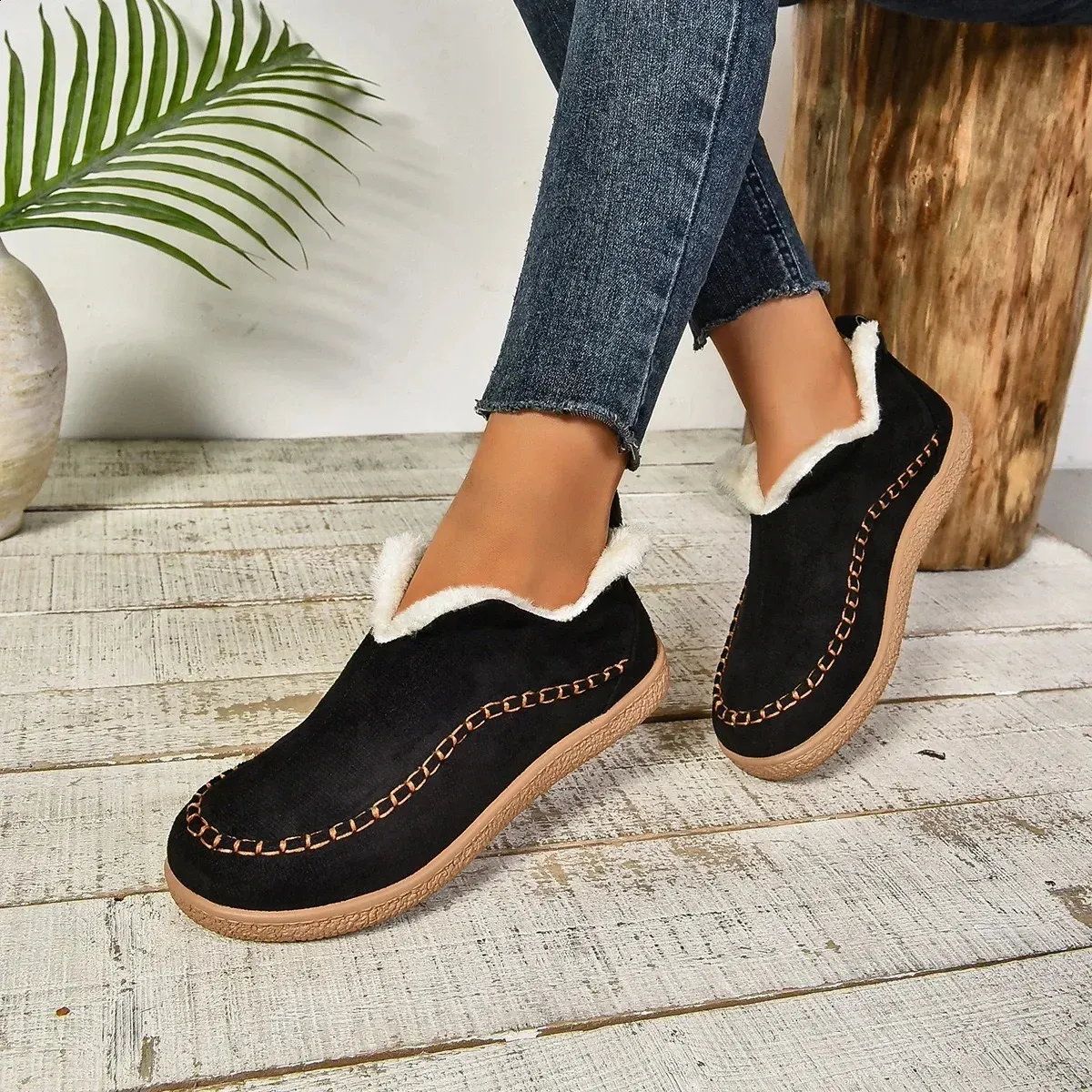 selg long sleeved womens winter round toe plush warm solid flat casual comfortable snow boots 240904_voghion.com