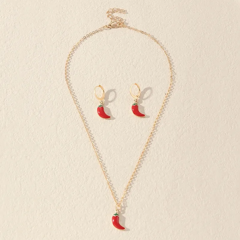 Collana Orecchini Set Coreano Carino Piccolo Rosso Smalto Ciondolo Clavicola Catena Con Peperoncino Gioielli Donna Festa_voghion.com
