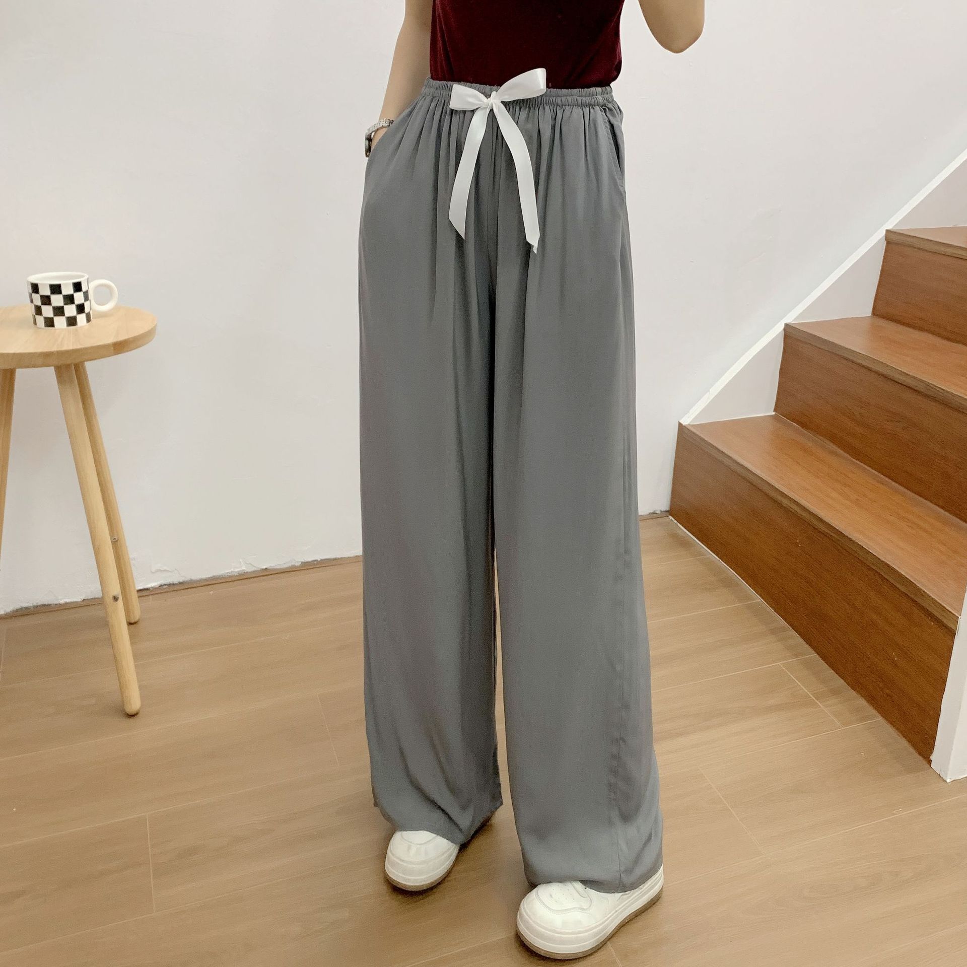 Pijamas de mujer Pantalones de pijama de seda de algodón para mujer Pantalones anchos de cintura alta de color liso con diseño de caramelo Pantalones finos_voghion.com