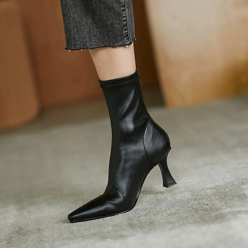 Women Pointy Soft Leather Brown Elastic Famele Stiletto Heels Shoes Ladies Ankle Back Zipper Boots 240617_voghion.com