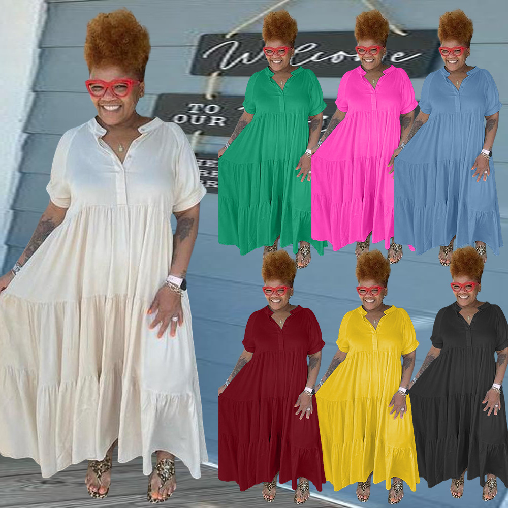 Abito con risvolto casual con bottoni alla moda da donna taglie forti_voghion.com