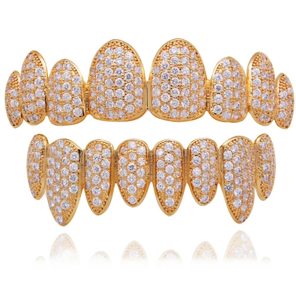 Rose Weißgold Vampir Grillz Iced Out Fang Grills Voller bunter Durchmesser Cosplay Zahnkappe Zahnspange_voghion.com