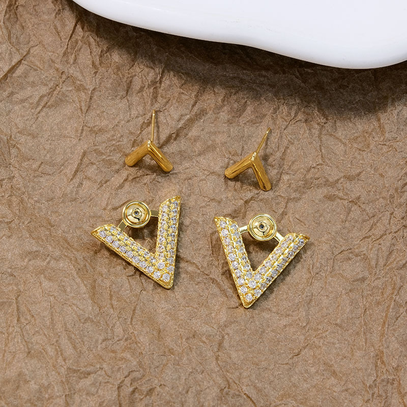 Orecchini a due pezzi in stile coreano, triangolo geometrico alla moda francese, davanti e dietro, orecchini in zirconi micro-incrostati, piccoli e raffinati orecchini a V_voghion.com