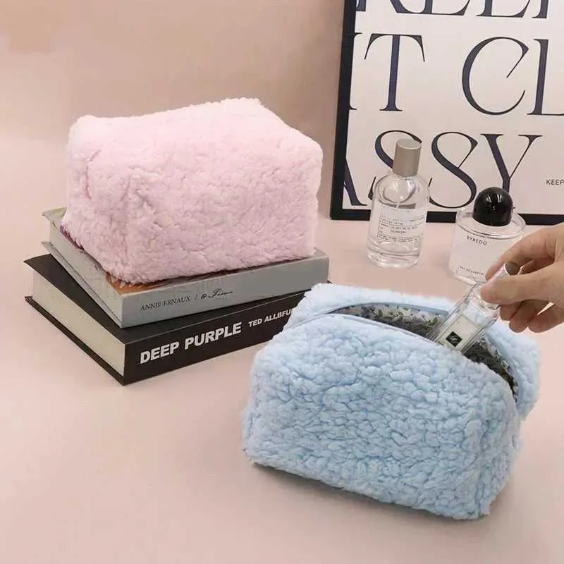 Lammwolle Mini Niedlicher Plüsch Makeup Organizer Kawaii Bleistiftbox Tasche Reise Münzbörse Home Storage Y241023_voghion.com