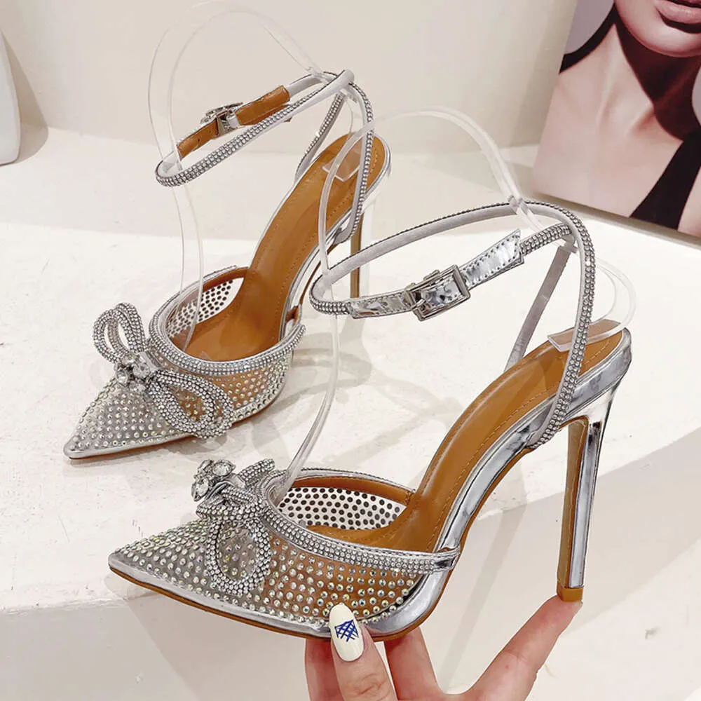 Sandali con tacco 35-42 in argento, alla moda, con nodo a farfalla, 2024, con fascia stretta, con punta a punta e cristalli intrecciati, da donna, SS_voghion.com