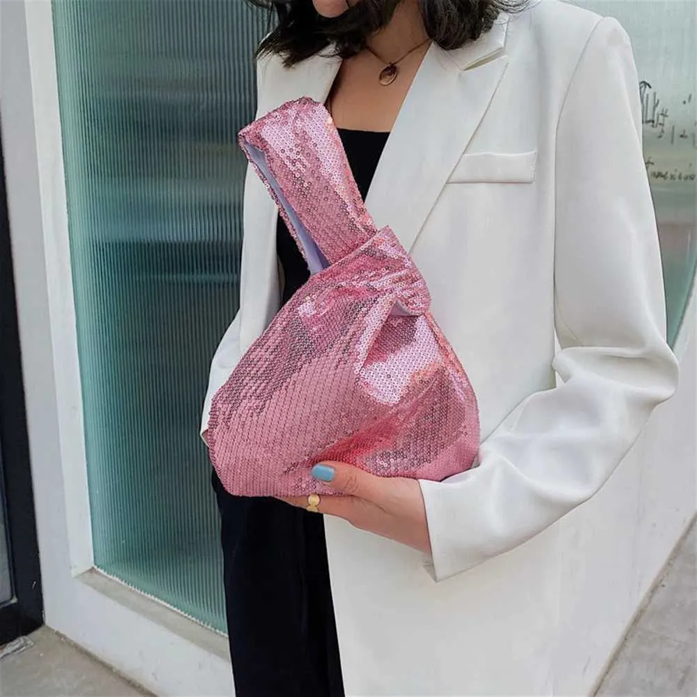 Portafoglio da donna alla moda con glitter scintillanti e chiusura a scatto, piccolo flash da polso con nodo, tasca, borsa firmata 2023 Y241106_voghion.com