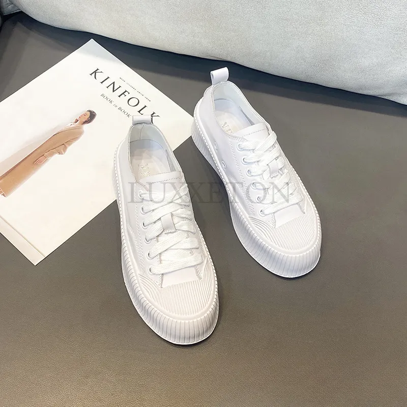 Genuine Leather Thick Sponge Cake Sole Canvas Shoe Mesh Surface For Comfortable Breathable Versatile Casual Board Shoes_voghion.com
