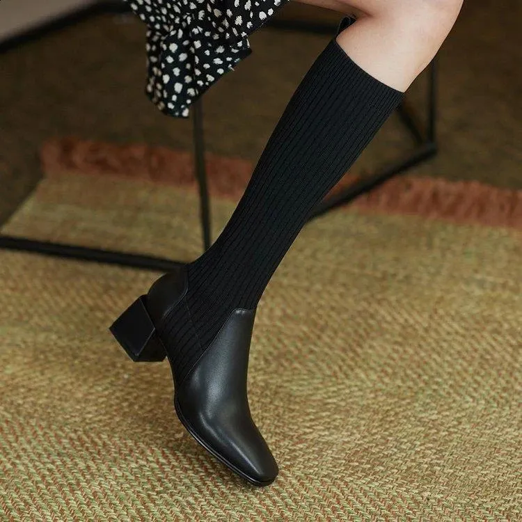 Knee Thick High Socks Winter Womens Long Boots Elegant Autumn Brown Wedge Elastic 241116_voghion.com