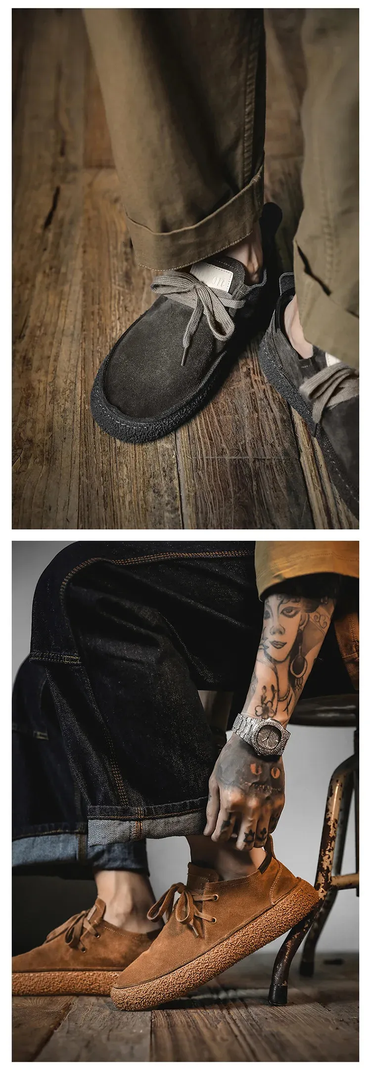 Mocassins plats confortables et décontractés à lacets faits à la main en cuir de vachette suédé de qualité pour hommes_voghion.com