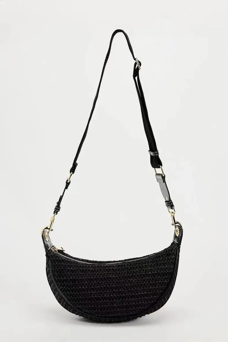 Borsa a tracolla da viaggio a mezza luna in paglia intrecciata alla moda per donna, borsa a tracolla fatta a mano 240907_voghion.com